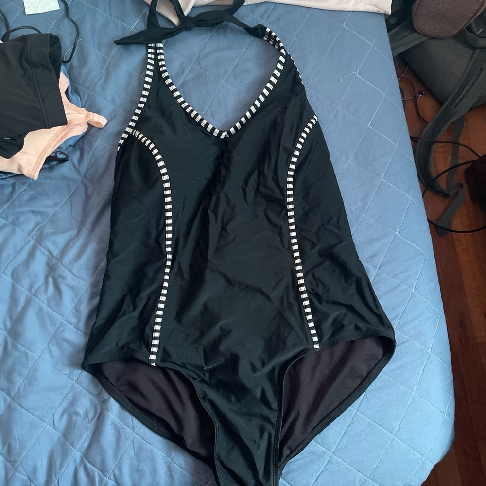 Black One-Piece Swimsuit with White Accents
